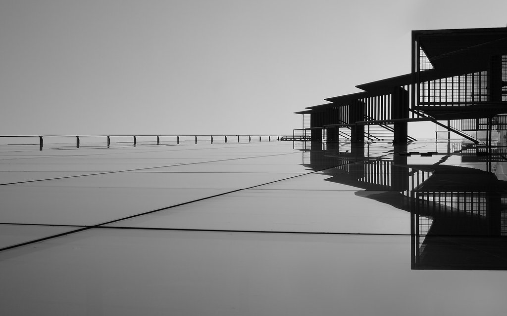 Abstract architecture black and white boardwalk with glass like floor